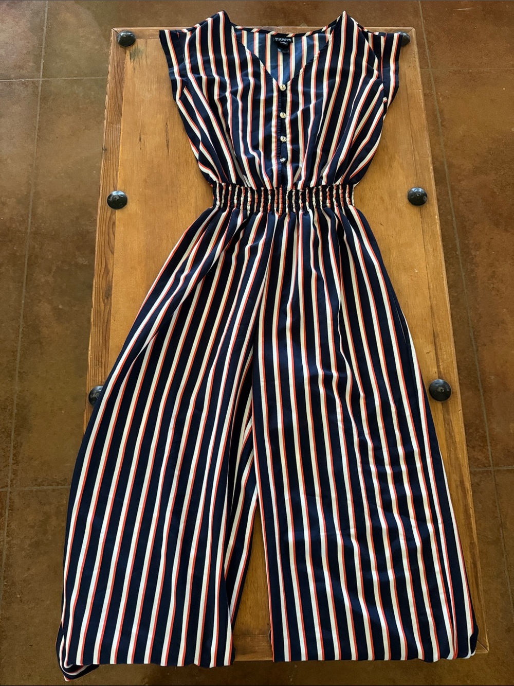 Enfocus Studio Navy Striped Wide-Leg Jumpsuit with Red & White Accents